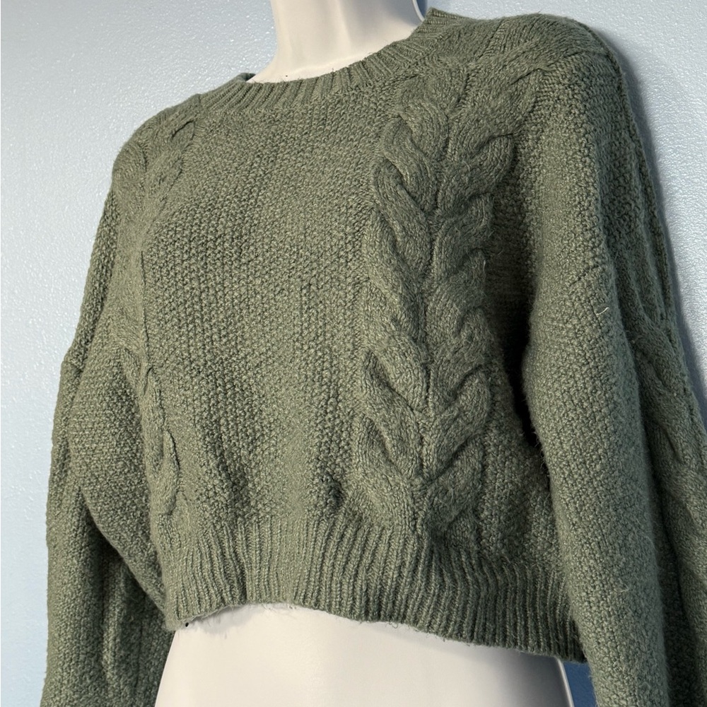 Olive Green Cropped Cable Knit Sweater
